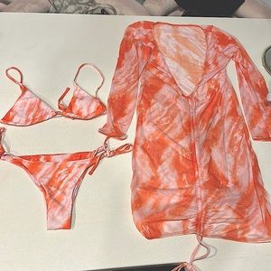 BRAND NEW! Three piece Bikini Set, includes bikini and mesh bathing suit coverup